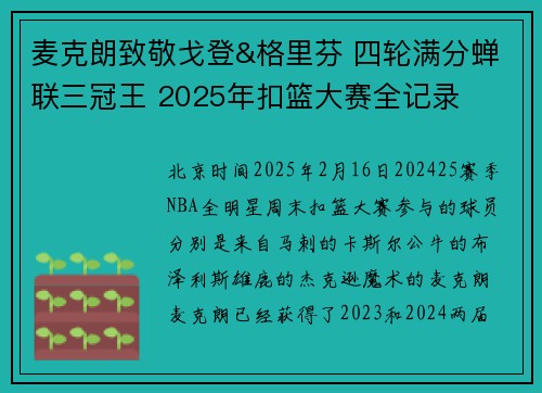 麦克朗致敬戈登&格里芬 四轮满分蝉联三冠王 2025年扣篮大赛全记录