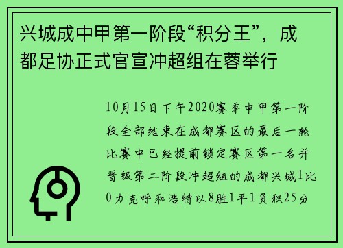 兴城成中甲第一阶段“积分王”，成都足协正式官宣冲超组在蓉举行